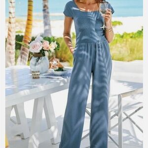 Soft Surroundings Blue Smocked Frida Short Sleeve Jumpsuit SMALL